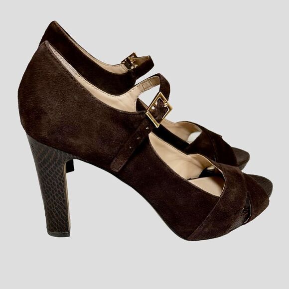 Franco Sarto Leather Upper Faux Suede Brown Peep Toe High Heels Pumps Formal - Picture 1 of 8